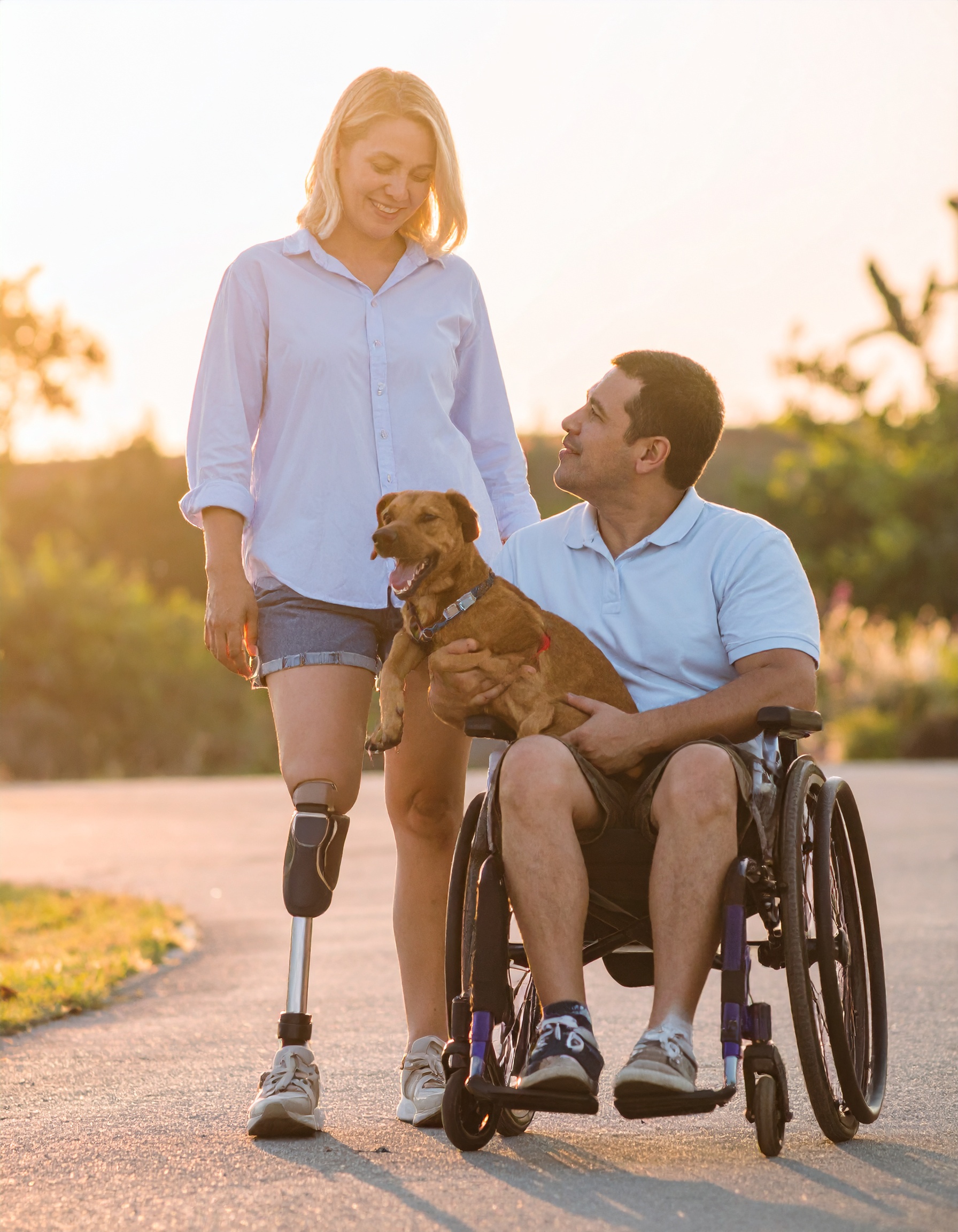 Firefly happy man and woman with wheelchair and standing ,woman with leg prothesis and happy dog in
